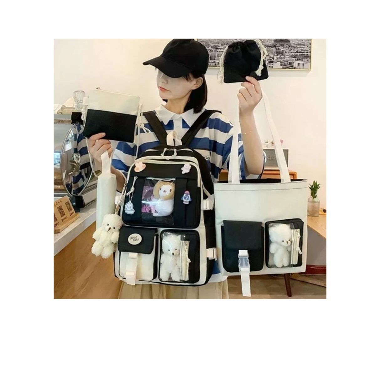 GENERICO - Mochila Escolar Viaje Estilo Coreano 5 Piezas Kit negro