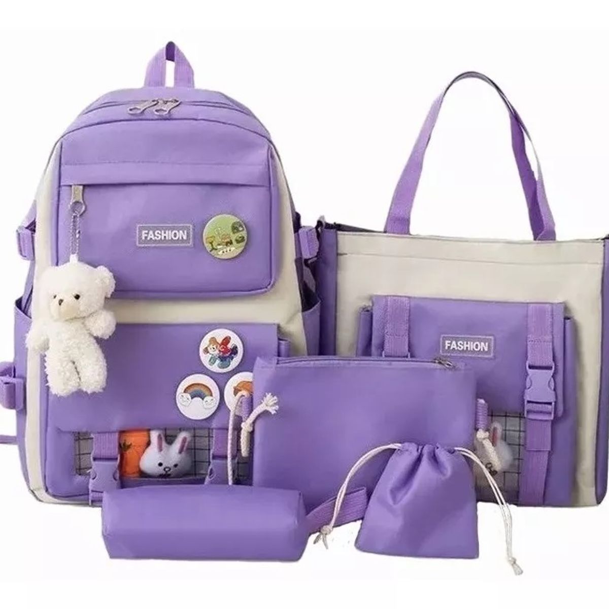 GENERICO - Mochila Escolar Viaje Estilo Coreano 5 Piezas Kit morado