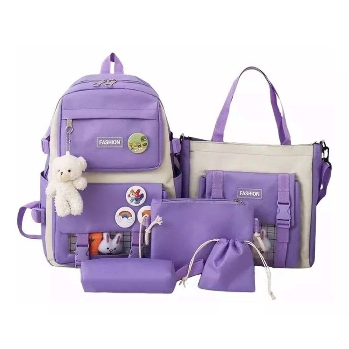 GENERICO - Mochila Escolar Viaje Estilo Coreano 5 Piezas Kit morado