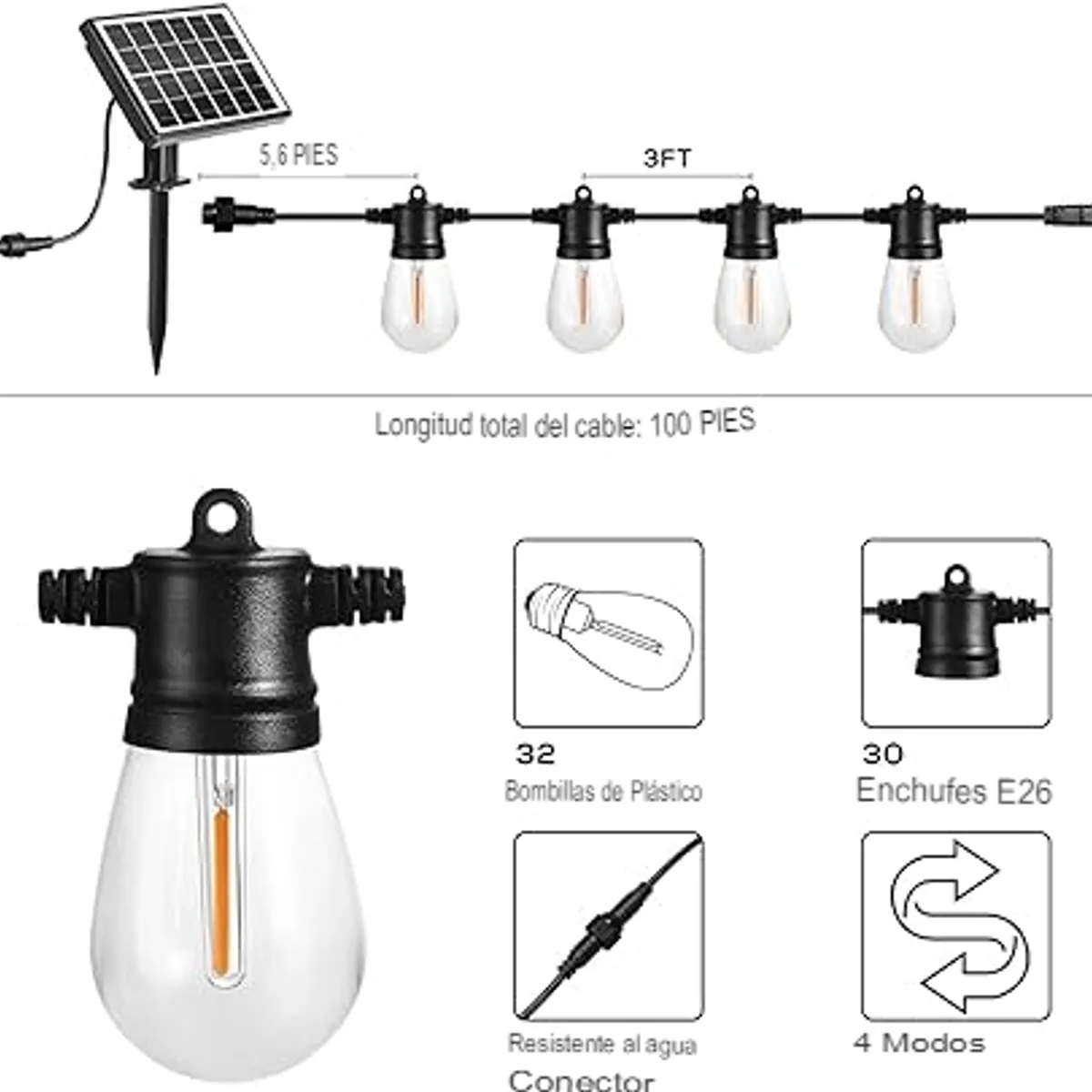 GENERICO - Guirnalda de luces solares para exteriores, de 10 bombillas 10 metros