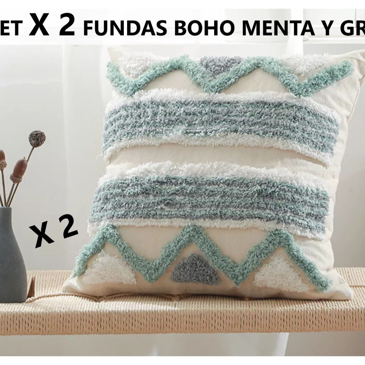 COMPRAPO - Set X 2 Fundas Cojín Boho Crudo Menta y Gris 45x45 cm