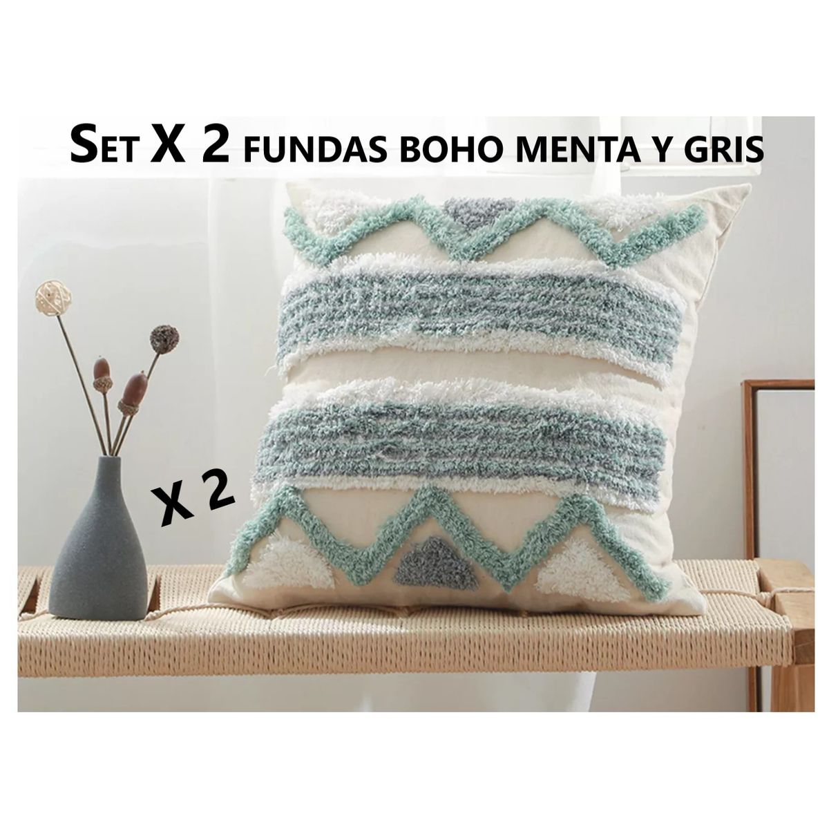 COMPRAPO - Set X 2 Fundas Cojín Boho Crudo Menta y Gris 45x45 cm