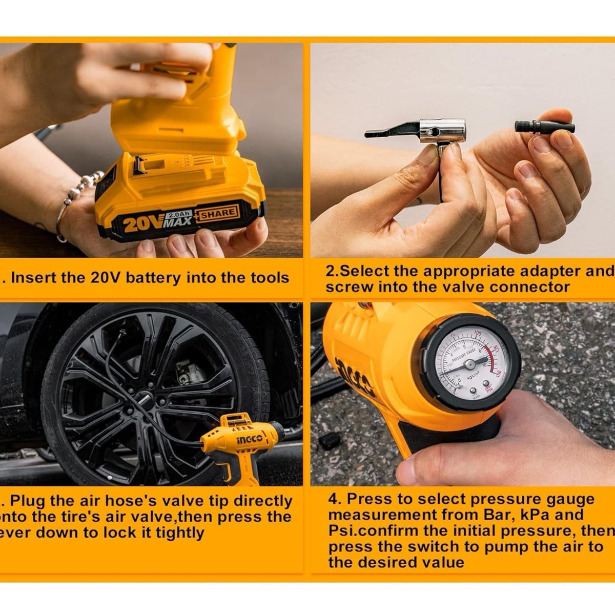 INGCO - Compresor Inflador Inalámbrico Ingco 20v 150 Psi Cacli2018