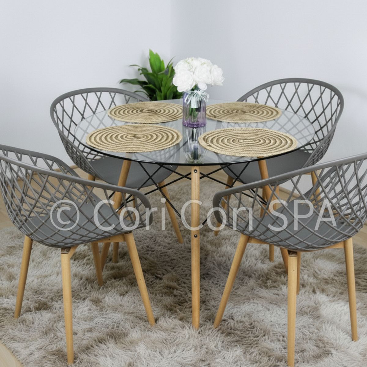 CORI CORI - Juego de Comedor Mesa Eames Vidrio 100cm + 4 Butacas Mesh Gris…