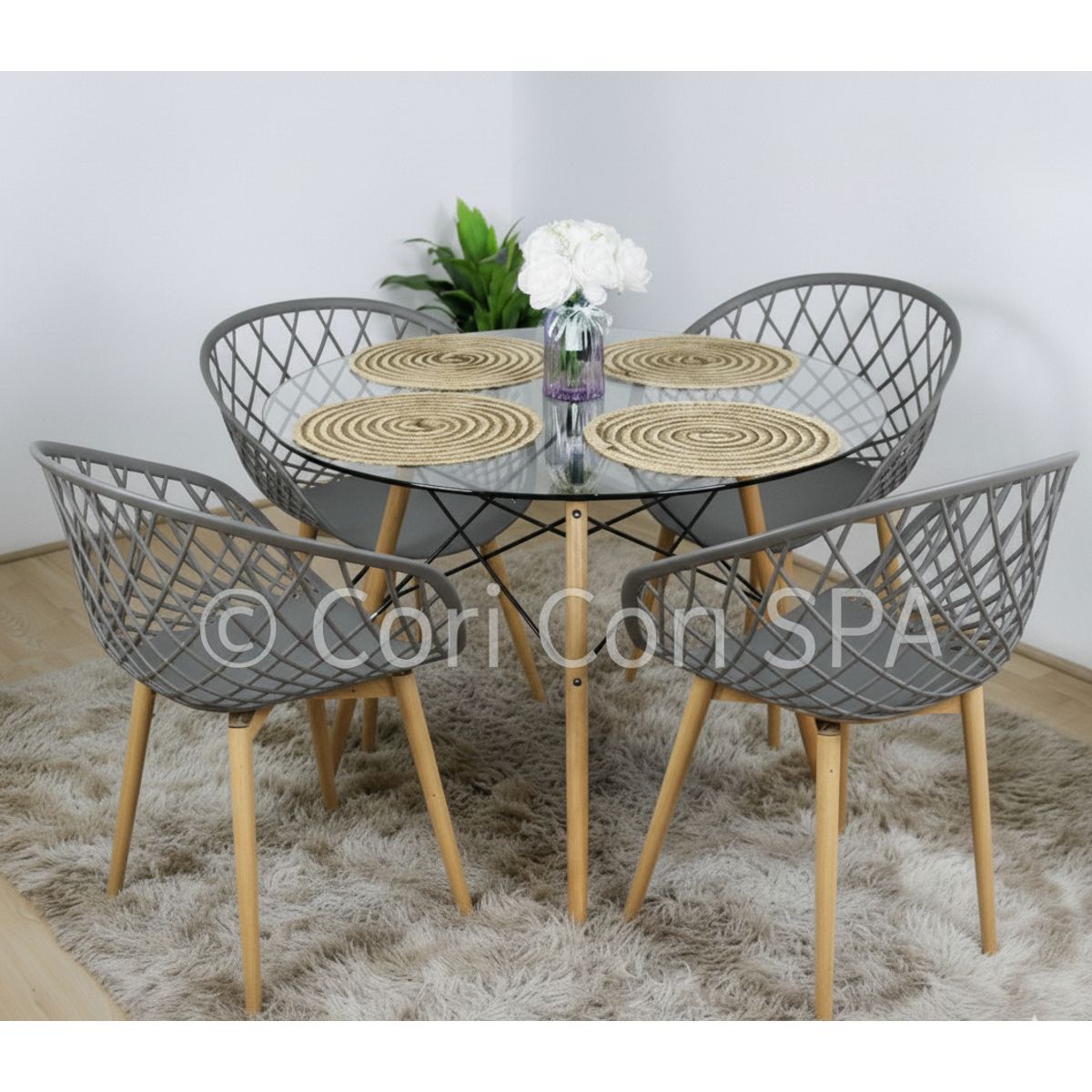 CORI CORI - Juego de Comedor Mesa Eames Vidrio 100cm + 4 Butacas Mesh Gris…