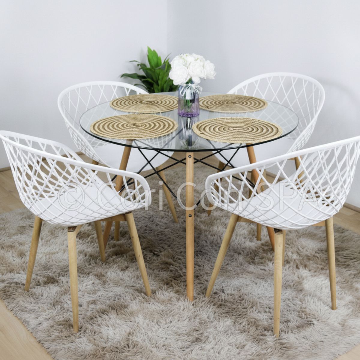 CORI CORI - Juego de Comedor Mesa Eames Vidrio 100cm + 4 Butacas Mesh Blanco…