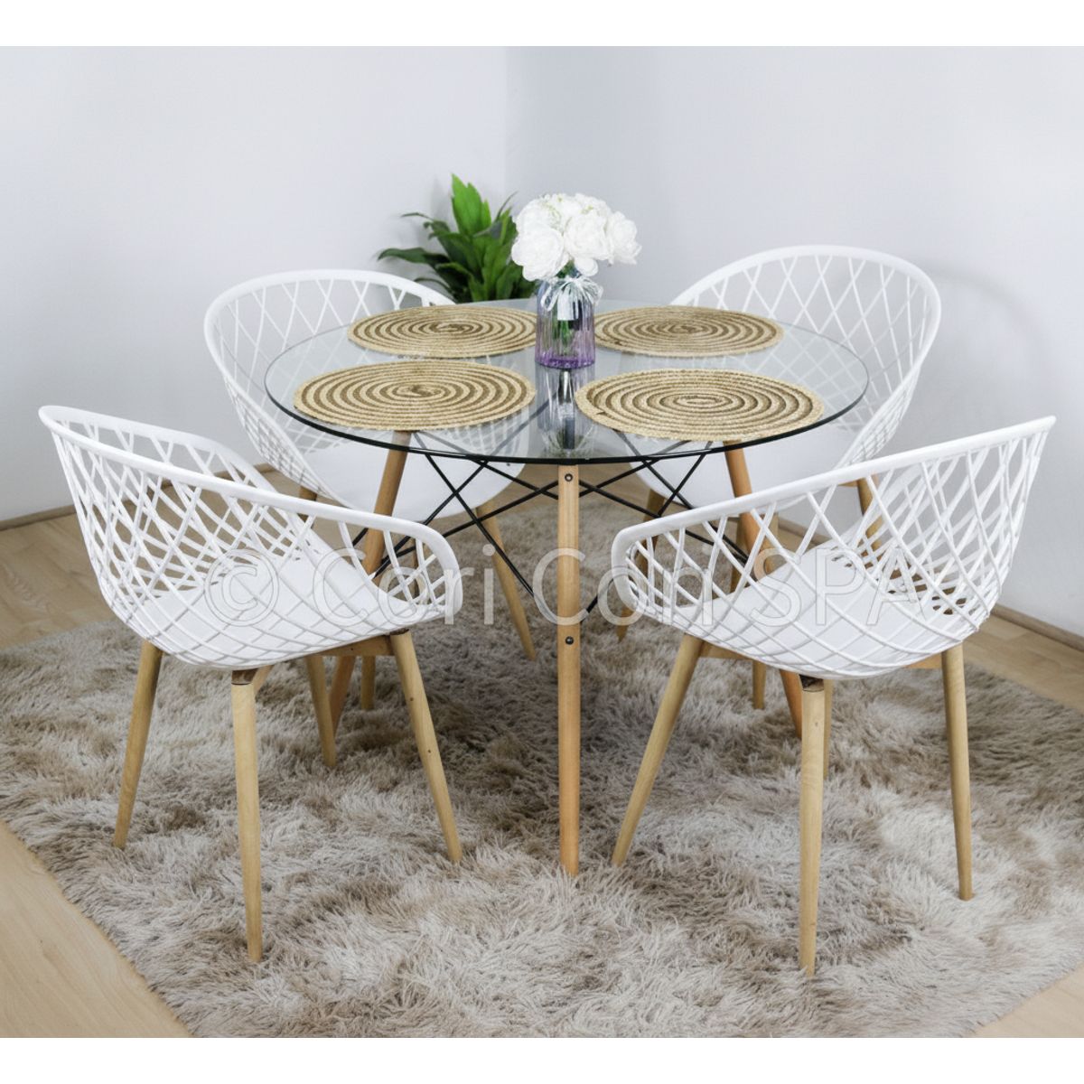 CORI CORI - Juego de Comedor Mesa Eames Vidrio 100cm + 4 Butacas Mesh Blanco…