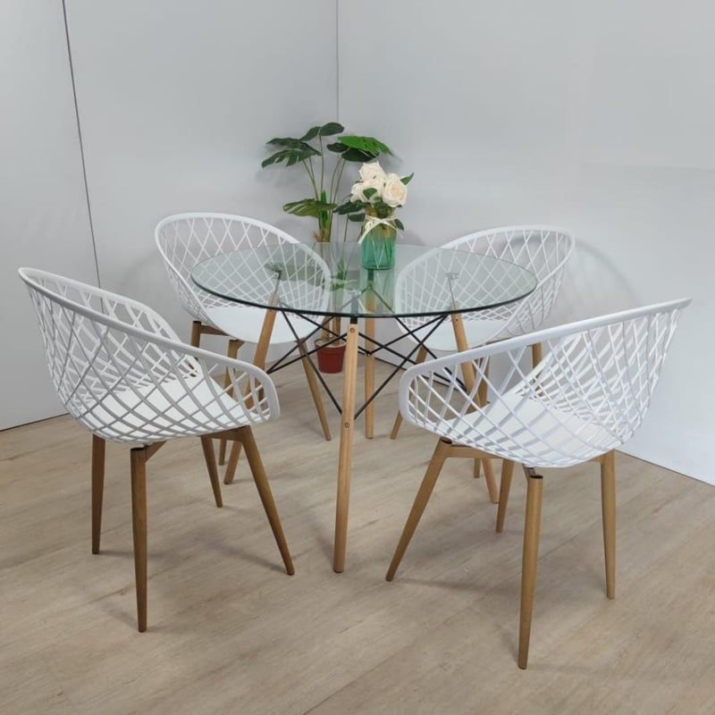 CORI CORI - Juego de Comedor Mesa Eames Vidrio 100cm + 4 Butacas Mesh Blanco