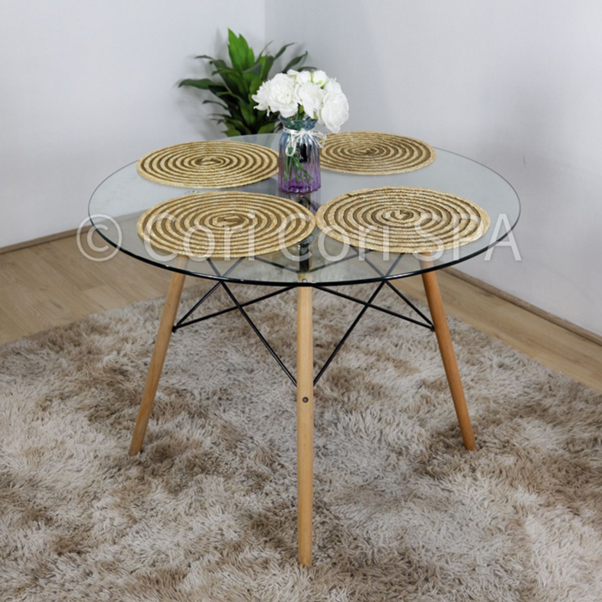 CORI CORI - Juego de Comedor Mesa Eames Vidrio 100cm + 4 Butacas Mesh Blanco…