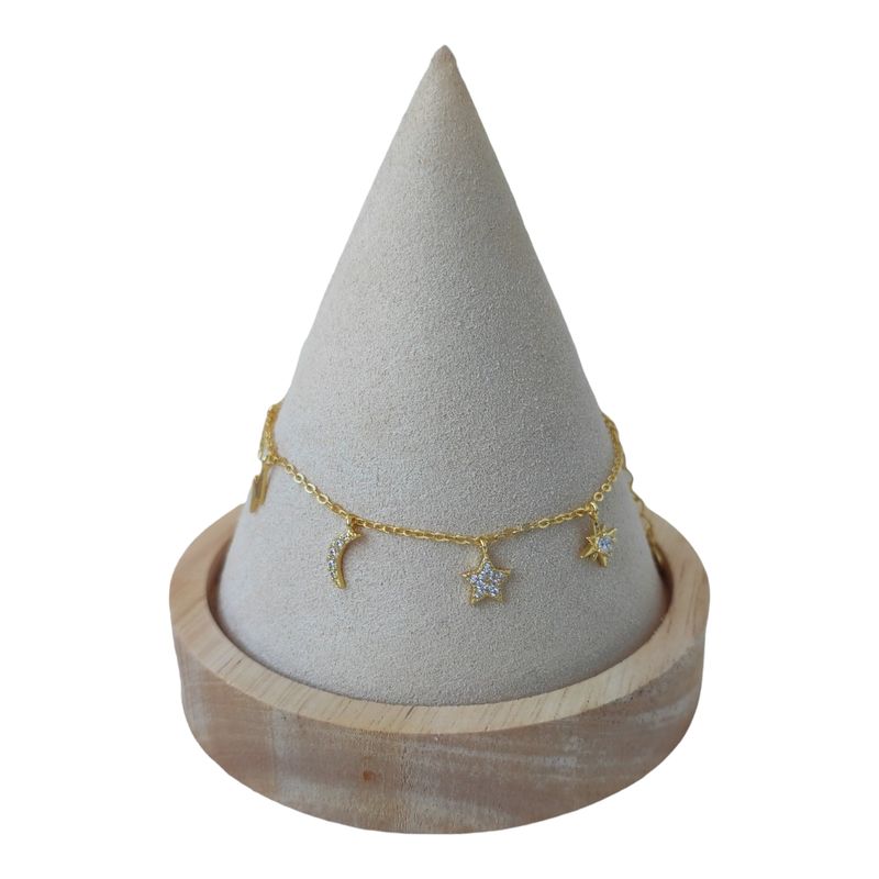 GENERICO - Pulsera estrellas media luna circones de plata 925 bañada en oro 18 k