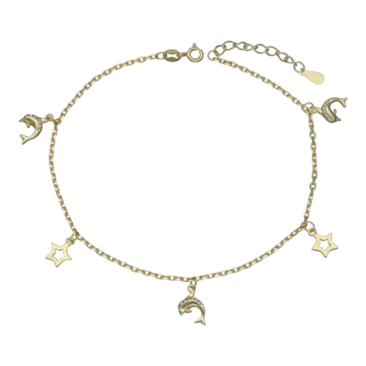 GENERICO - Tobillera estrellas delfines circones de plata 925 bañada en oro 18k