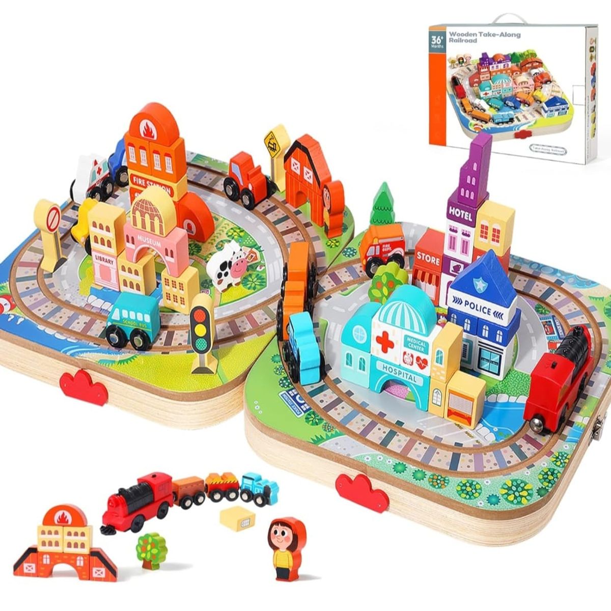 GENERICO - Pista Juguete de Madera Trenes- autos maleta portátil