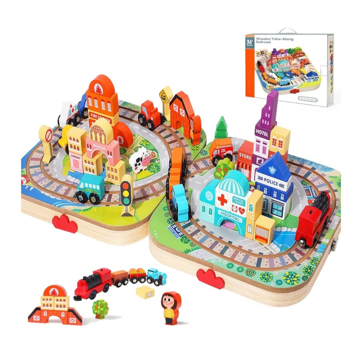 GENERICO - Pista Juguete de Madera Trenes- autos maleta portátil