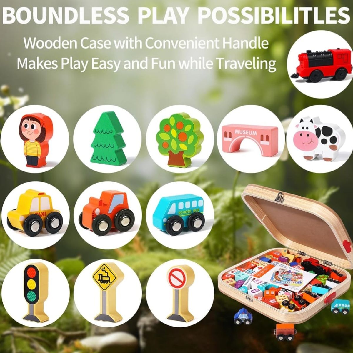 GENERICO - Pista Juguete de Madera Trenes- autos maleta portátil