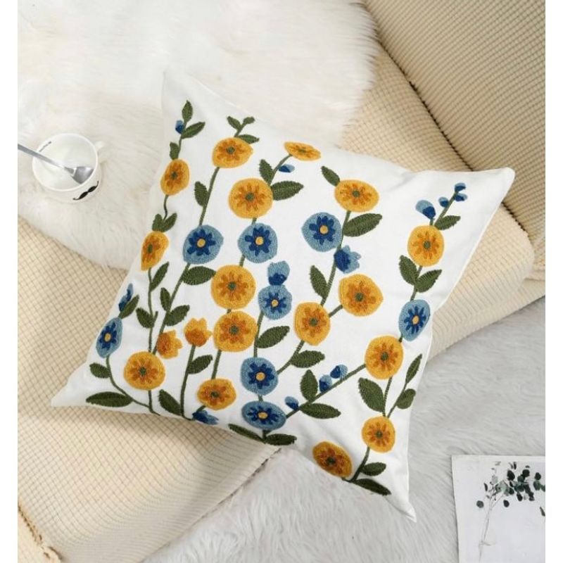 GENERICO - FUNDA BORDADA  45 CM X 45 CM FLORES PEQUEÑAS AZUL-MOSTAZA
