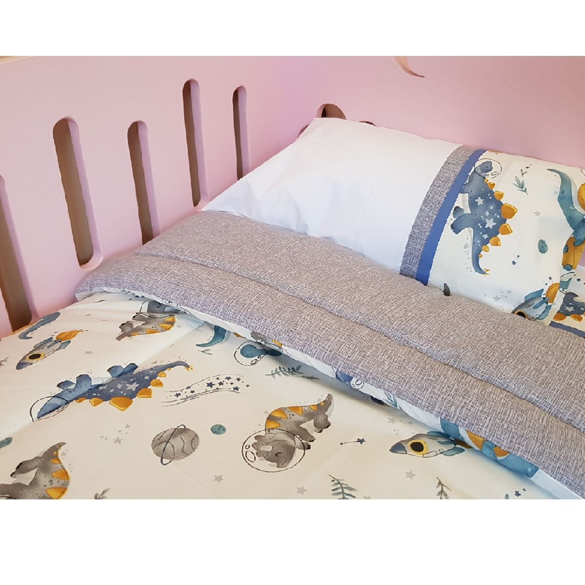 GENERICO - Set cuna Colecho 90x55 cm - Dinosaurio espacial - Gris jaspeado