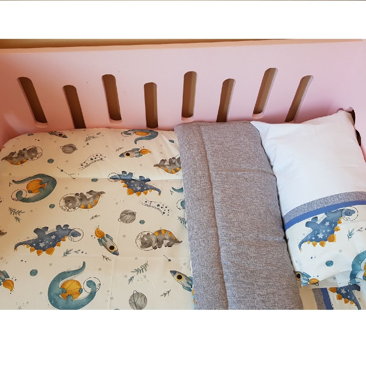 GENERICO - Set cuna Colecho 90x55 cm - Dinosaurio espacial - Gris jaspeado
