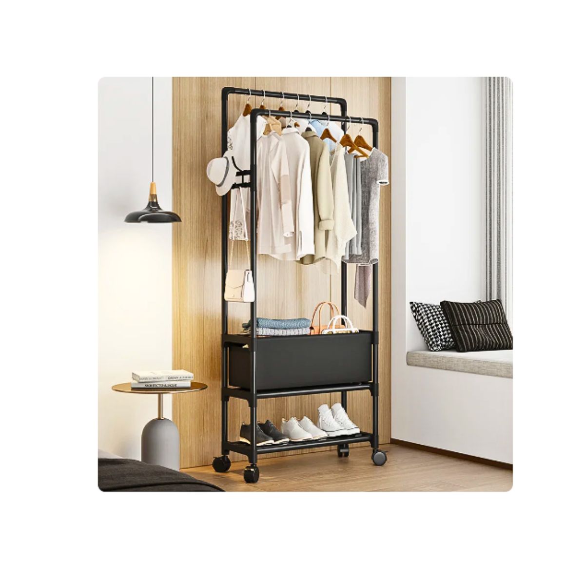 GENERICO - Perchero Multifuncional Organizador Ropa Zapatos Barra Doble Negro