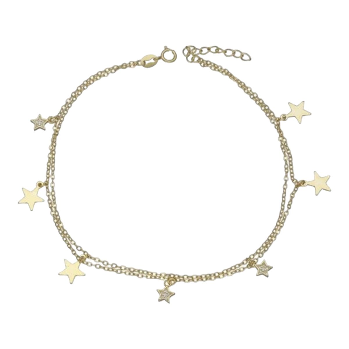 GENERICO - Tobillera doble estrellas circones de plata 925 bañada en oro 18 k