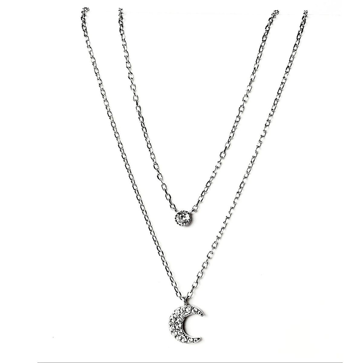 GENERICO - Collar Doble Punto de Luz y Luna microcircones Plata 925