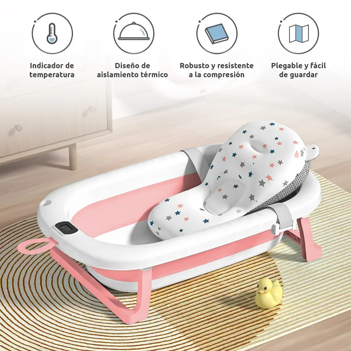 VIDITA - Tina Bebe Baera Plegable con Termometro y Cojin Bao Rosado