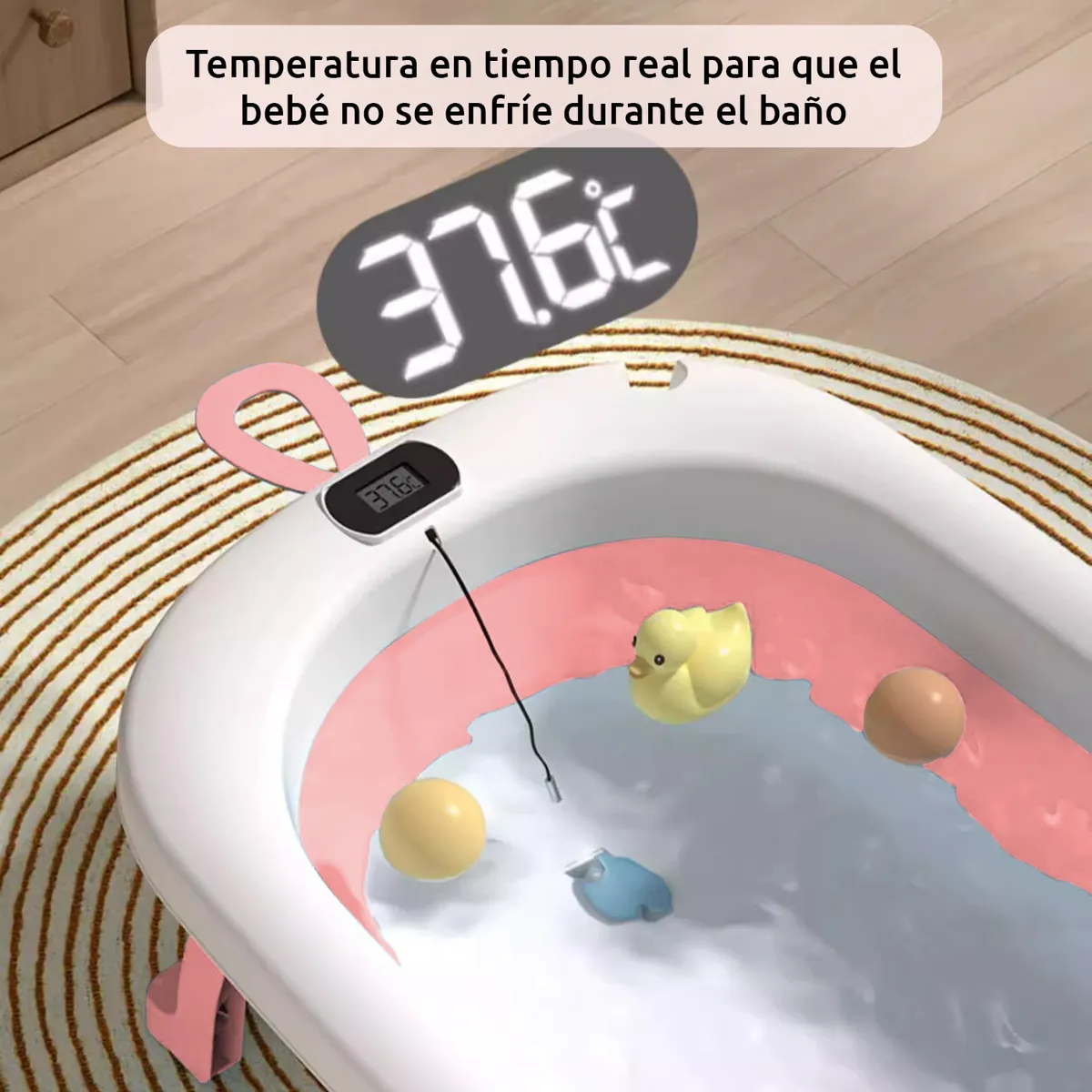 VIDITA - Tina Bebe Baera Plegable con Termometro y Cojin Bao Rosado