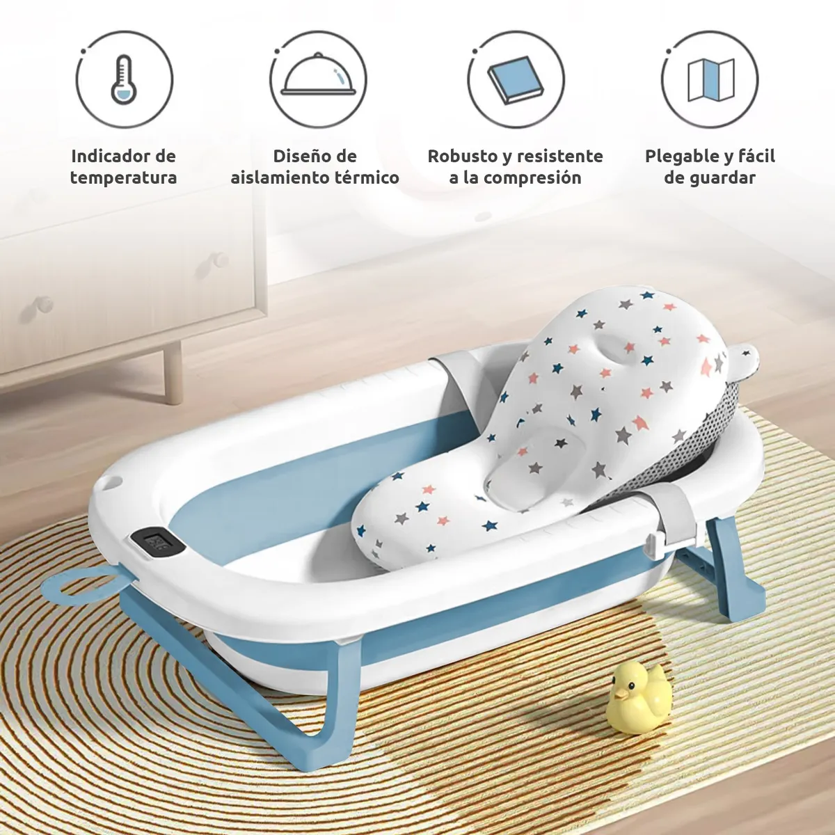 VIDITA - Tina Bebe Baera Plegable con Termometro y Cojin Bao Azul