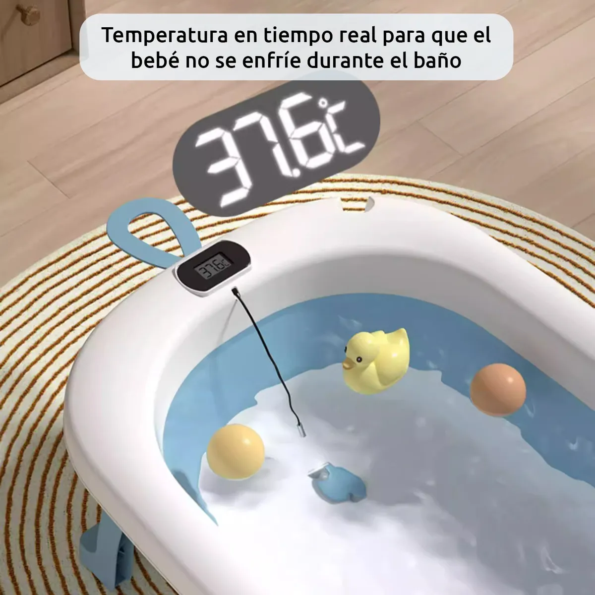 VIDITA - Tina Bebe Baera Plegable con Termometro y Cojin Bao Azul