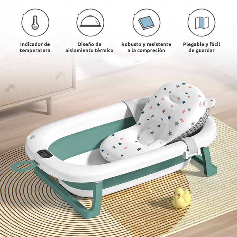 VIDITA - Tina Bebe Baera Plegable con Termometro y Cojin Bao Verde