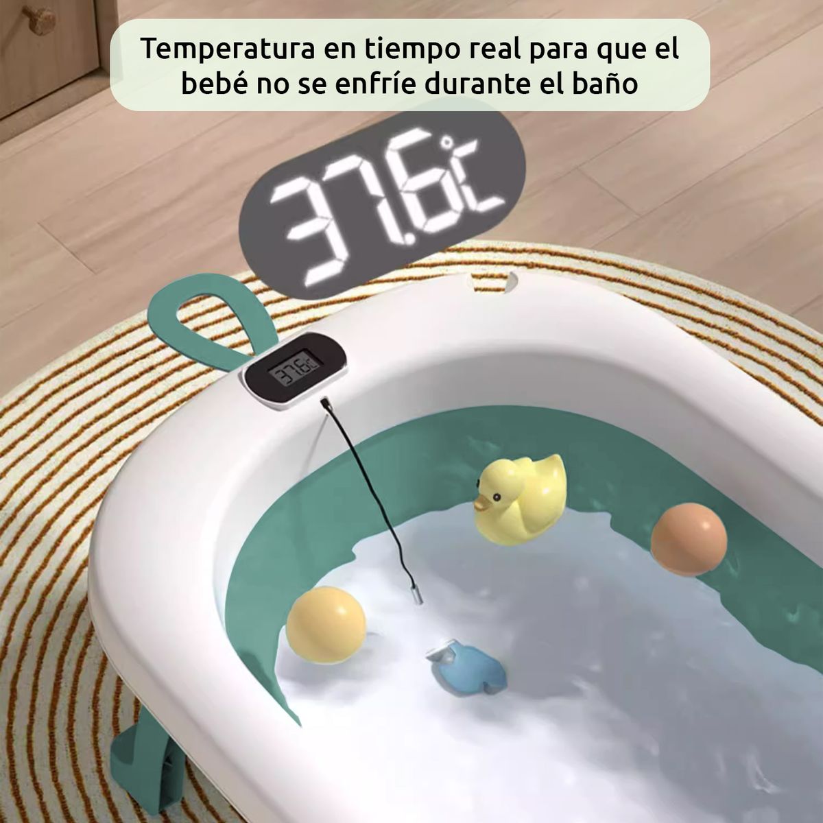 VIDITA - Tina Bebe Baera Plegable con Termometro y Cojin Bao Verde