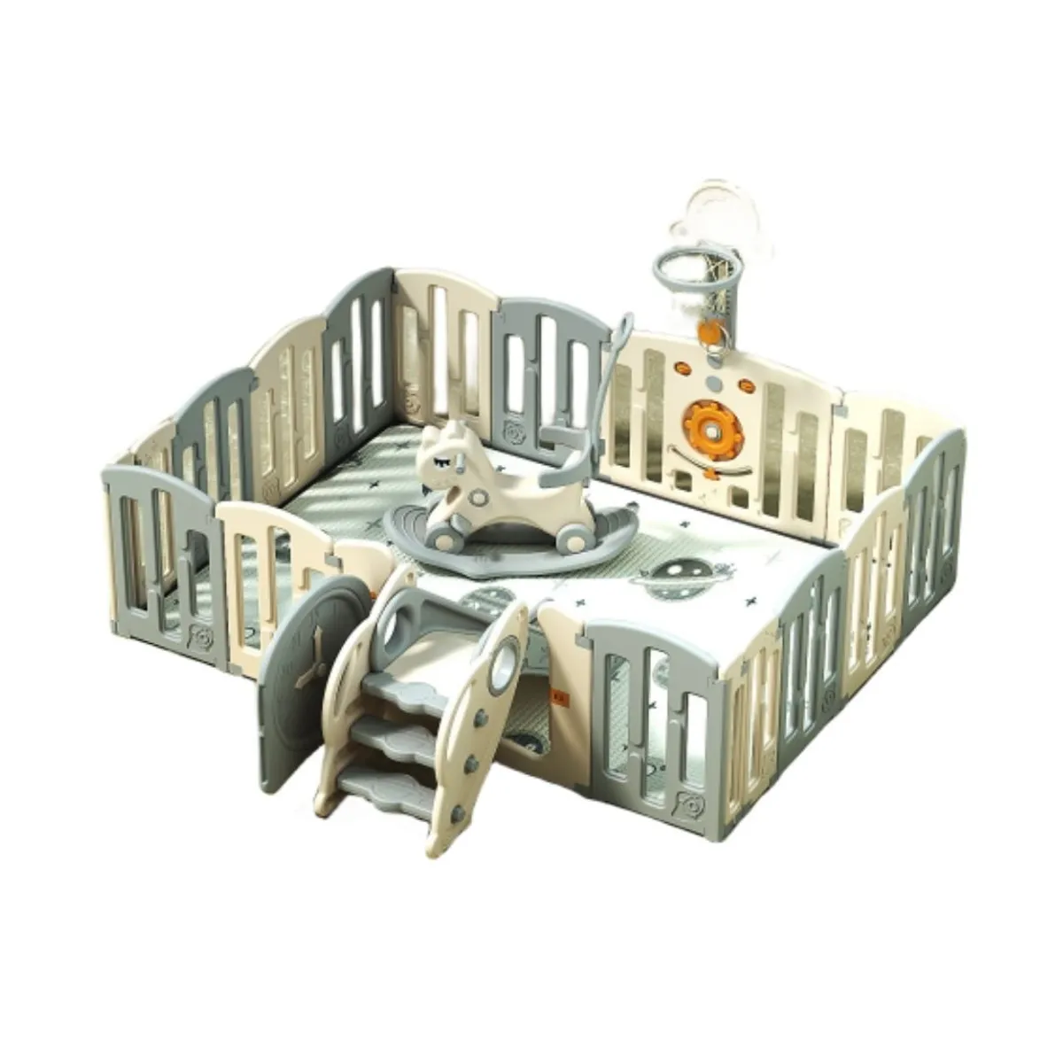 BABYLUNA - Corral Bebé 160CM con Alfombra Tobogán Aro y Caballo