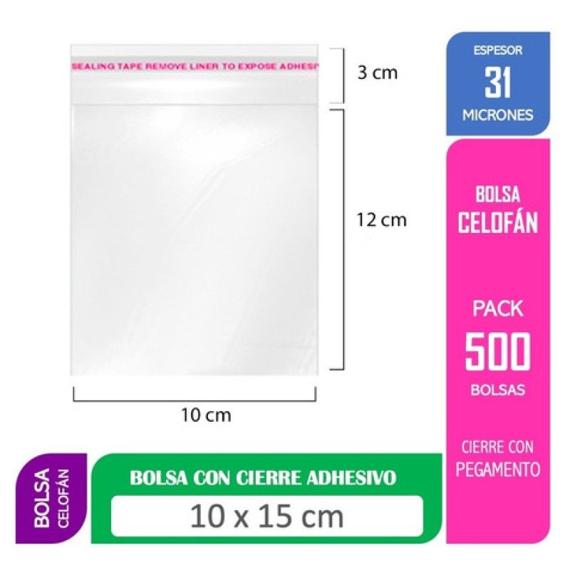 ALEMDALINDA - Bolsa Tipo Celofán Cierre Con Adhesivo 10x15 Cms 500 Unds