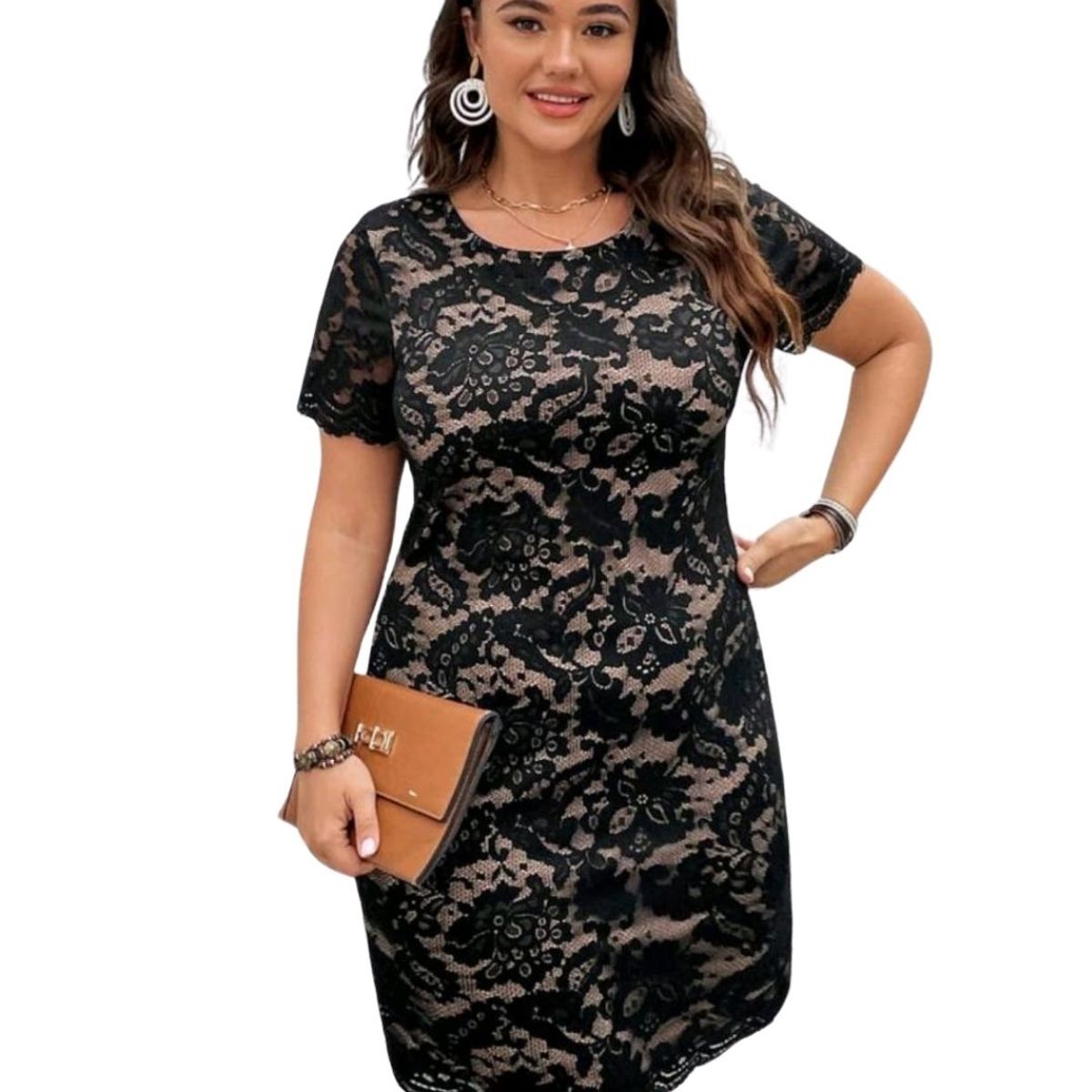 GENERICO - VESTIDO AJUSTADO TODO DE ENCAJE MANGA CORTA IDEAL PARA FIESTA COCTEL