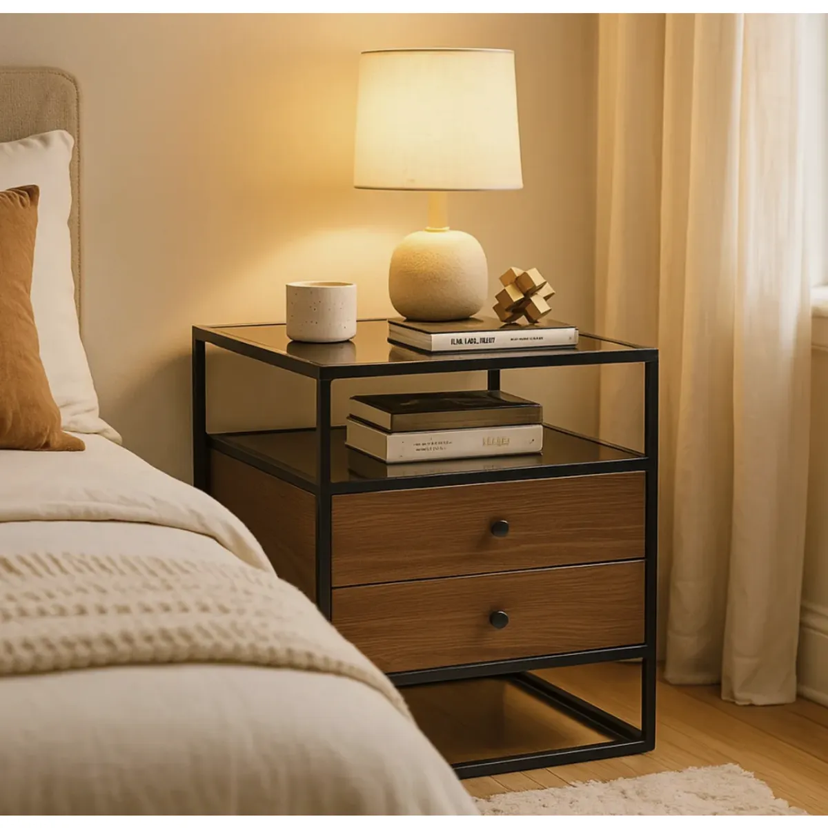 HOMER DESIGN - Velador Vanguardia 2 Cajones 50*40*53cm Repisa Vidrio