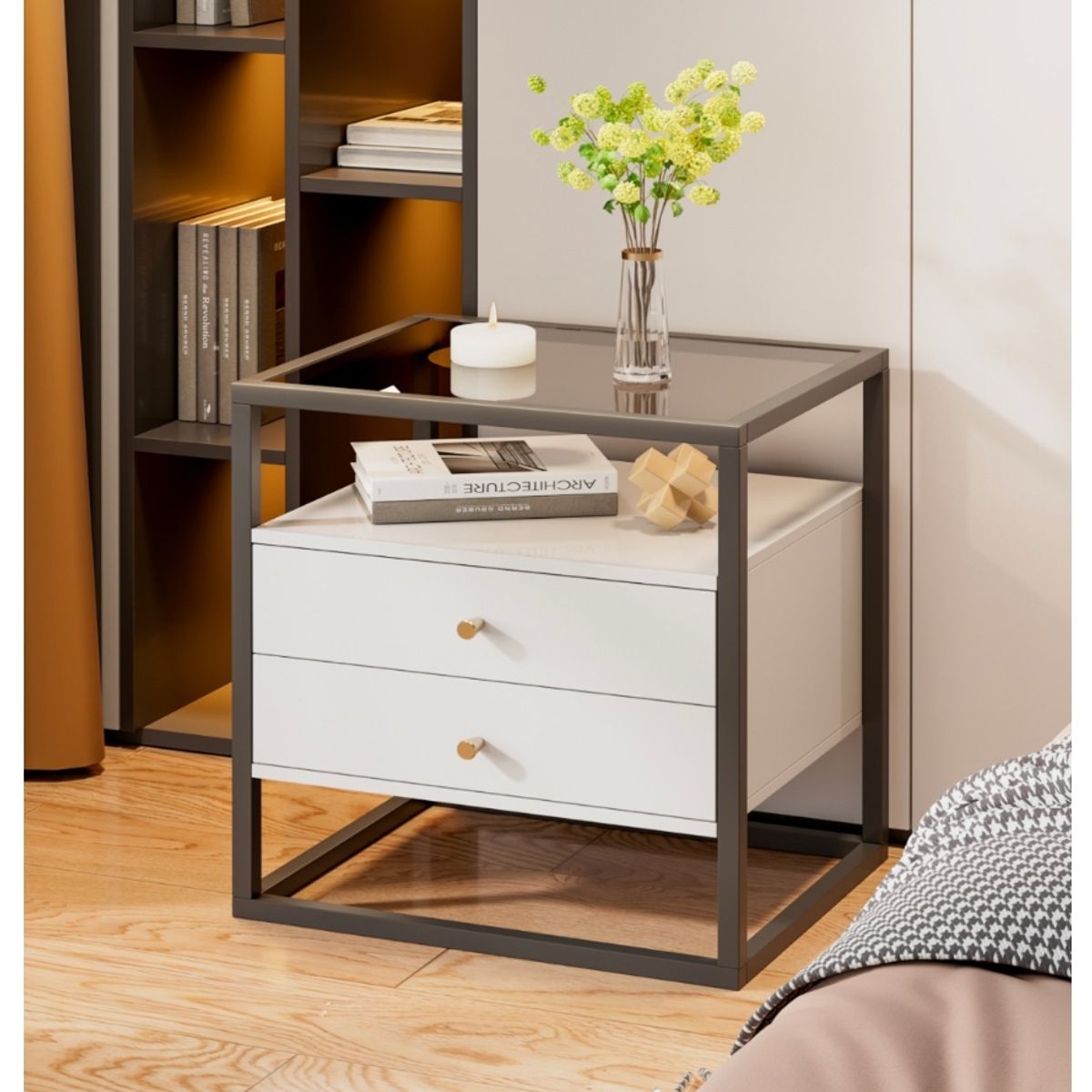 HOMER DESIGN - Velador Vanguardia 2 Cajones 50*40*53cm Repisa Vidrio