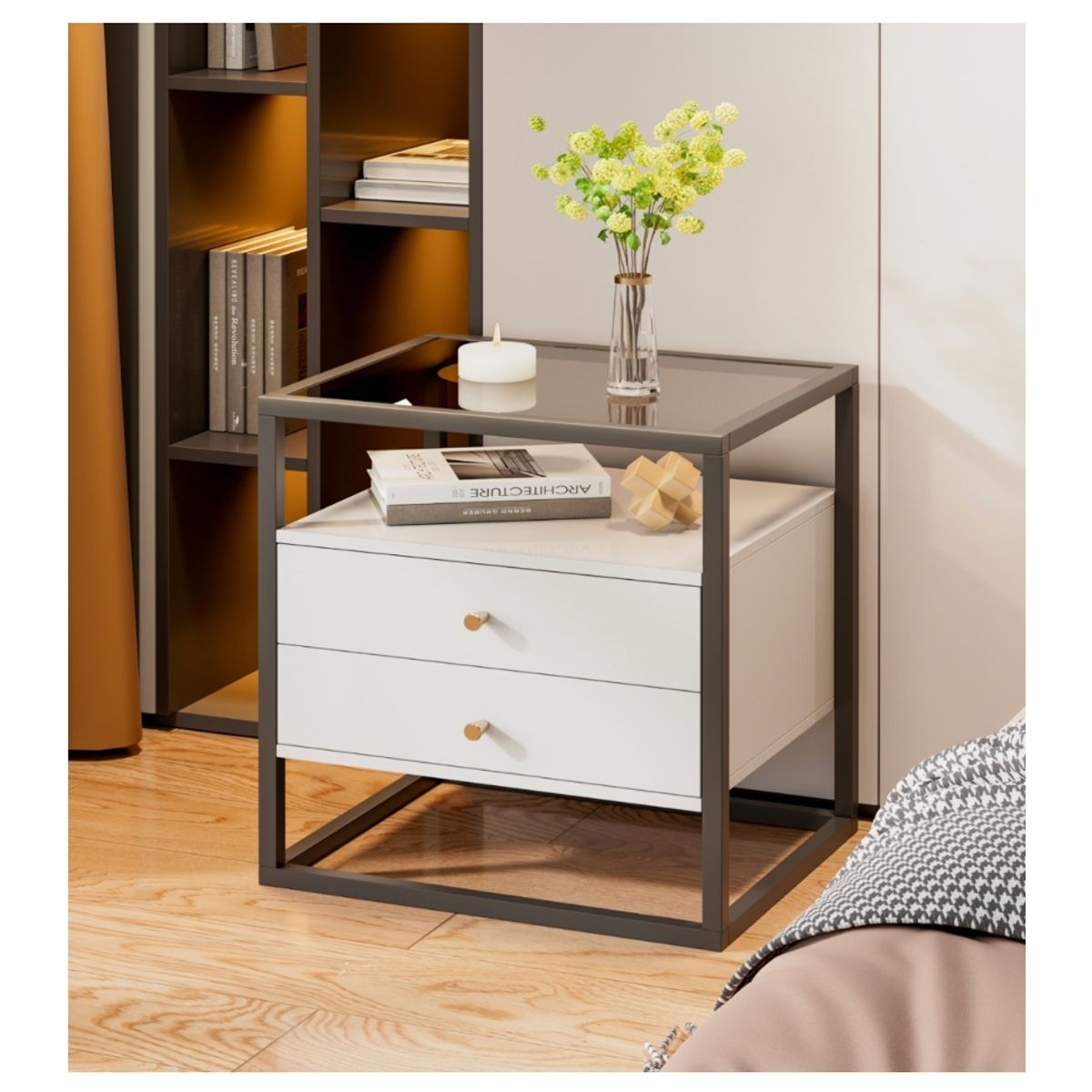 HOMER DESIGN - Velador Vanguardia 2 Cajones 50*40*53cm Repisa Vidrio