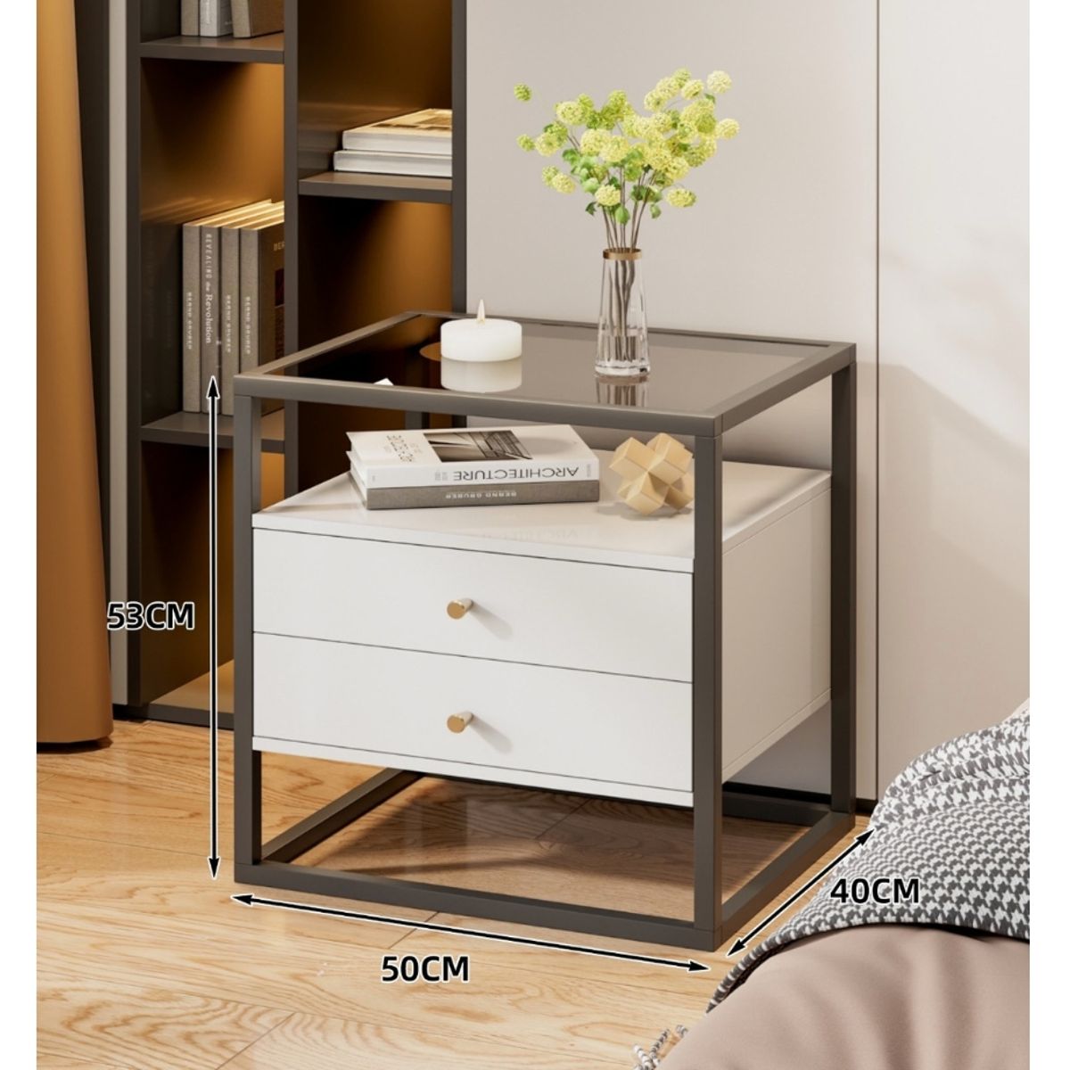 HOMER DESIGN - Velador Vanguardia 2 Cajones 50*40*53cm Repisa Vidrio