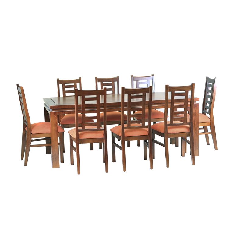 Comedor Naciona Leyda 8 sillas Color Nogal Tapiz Naranjo