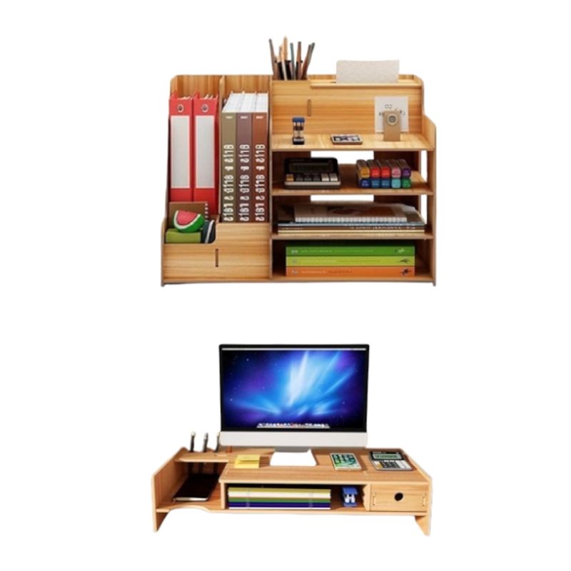 GENERICO - Set Organizador Estante Escritorio + Elevador De Monitor Madera 2 en 1