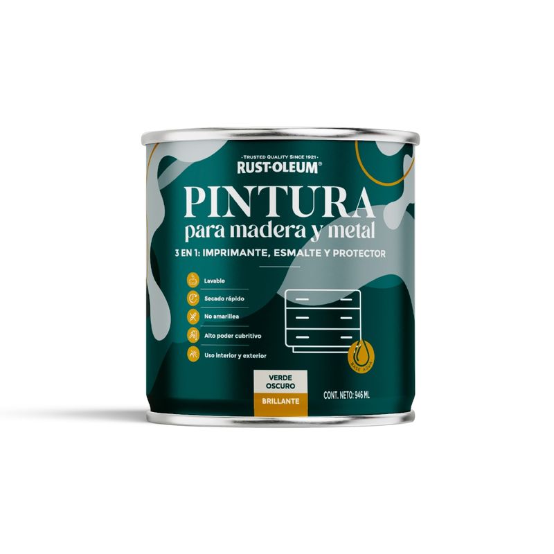 RUST OLEUM - Pintura para Madera y Metal base agua verde oscuro brillante
