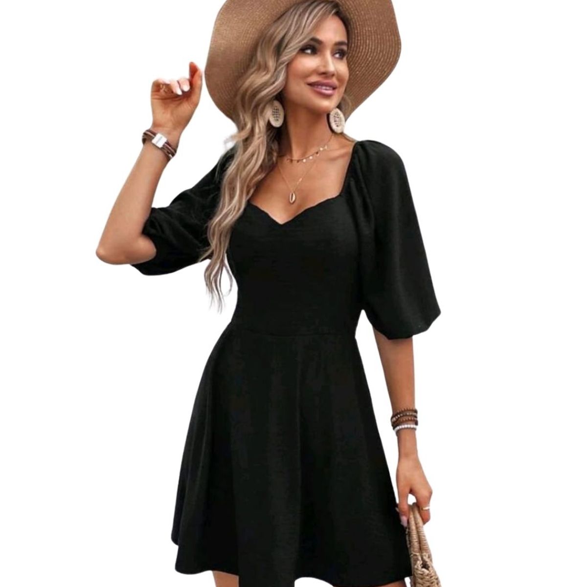 GENERICO - VESTIDO ACAMPANADO CORTO MANGA GLOBO  IDEAL PARA FIESTA COCTEL