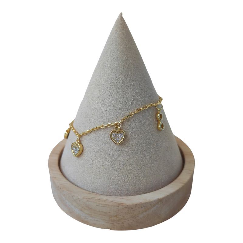 GENERICO - Pulsera infinitos corazones circones de plata 925 bañado en oro de 18k