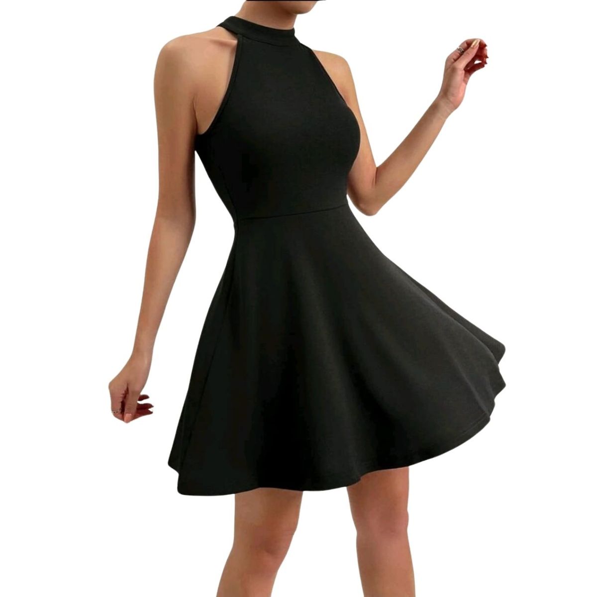 GENERICO - VESTIDO ACAMPANADO CUELLO ALTO SIN MANGAS IDEAL PARA FIESTA COCTEL