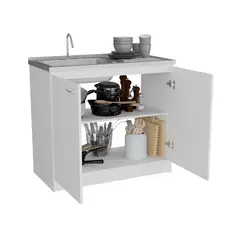 FMFURNITURE - Mueble Base de Cocina + Lavaplatos 100Cm Blanco 89x100x50.5 cm