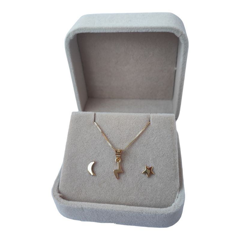 GENERICO - Conjunto desigual estrella luna y rayo de plata 925 bañado en oro 18k