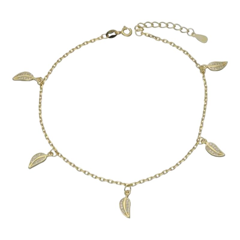 GENERICO - Tobillera hojas circones de plata 925 bañada en oro 18 k
