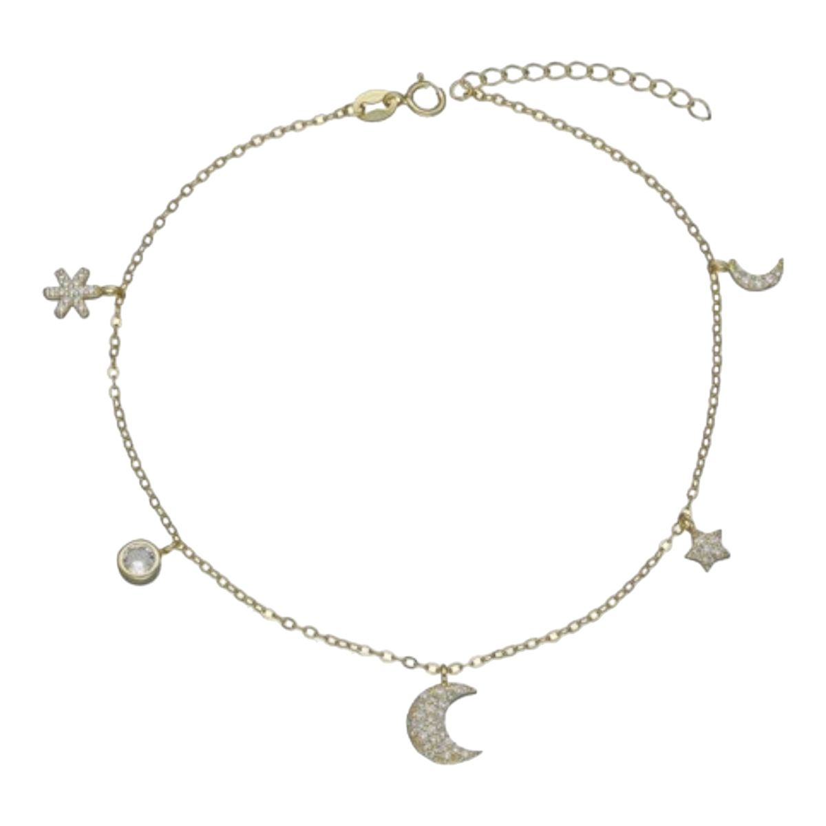 GENERICO - Tobillera luna estrella flor circones de plata 925 bañada en oro 18 k