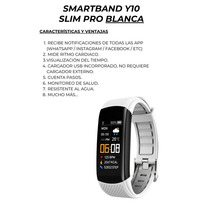 GENERICO - Smartband Banda Inteligente  Y10 SlimPro Sport  Iphone-Samsung  Blanco