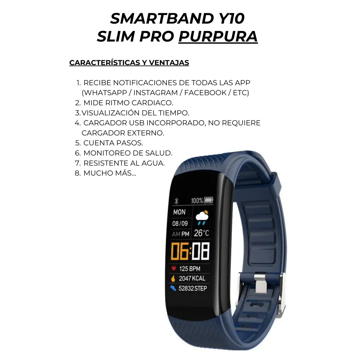 GENERICO - Smartband Banda Inteligente Y10 SlimPro Sport  Iphone-Samsung  Purpura