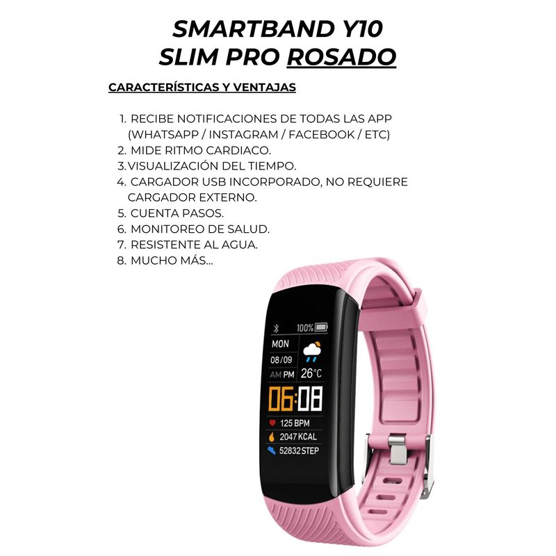 GENERICO - Smartband Banda Inteligente Y10 SlimPro Sport  Iphone-Samsung Rosado